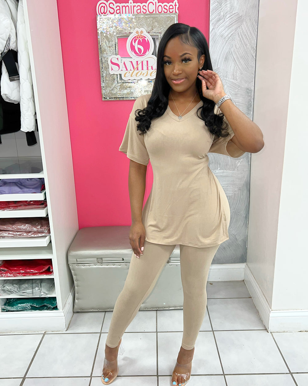 V Neck Legging Set-Nude