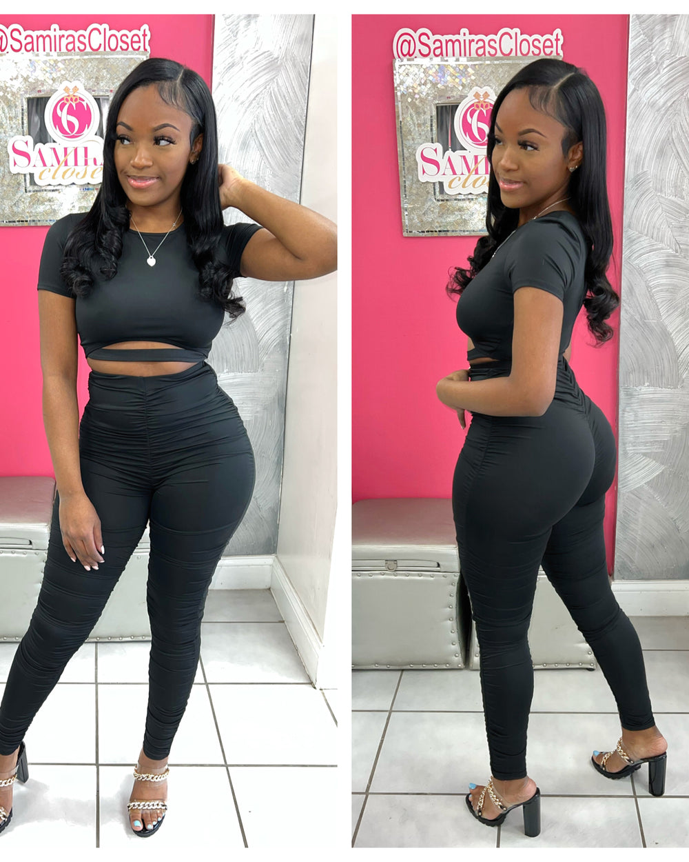 Cut Out Ruched Legging Set-Black