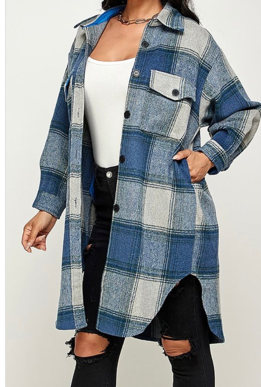 Plaid Front Pocket Jacket-Blue/Gray