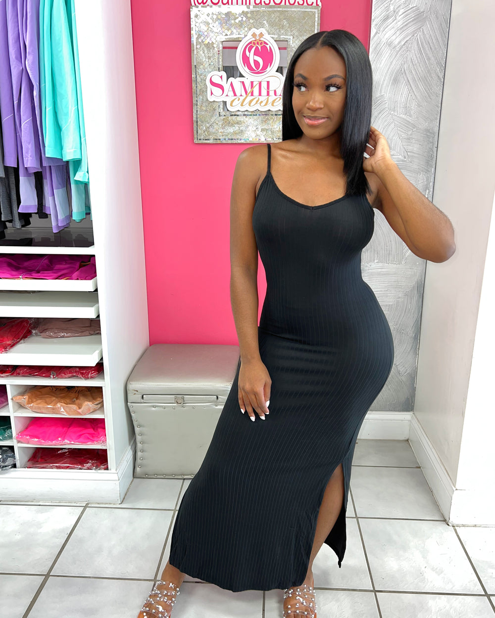 Ribbed Side Slit Dress-Black