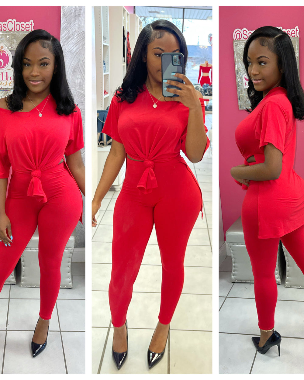 V Neck Legging Set-Red