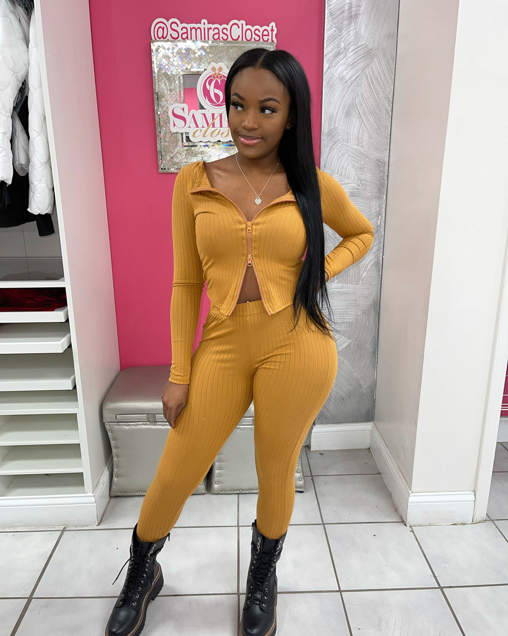 Double Zipper Legging Set-Brown Sugar