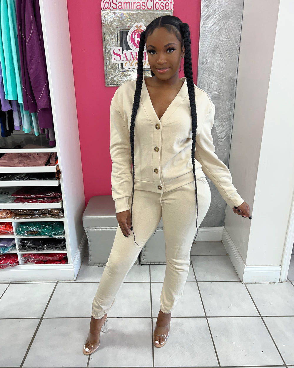 Cassie Button Jogger-Tan