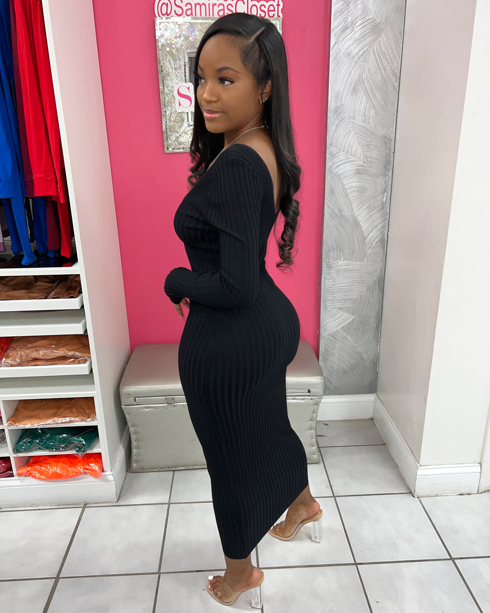 Body Sculpting Sweater Dress-Black
