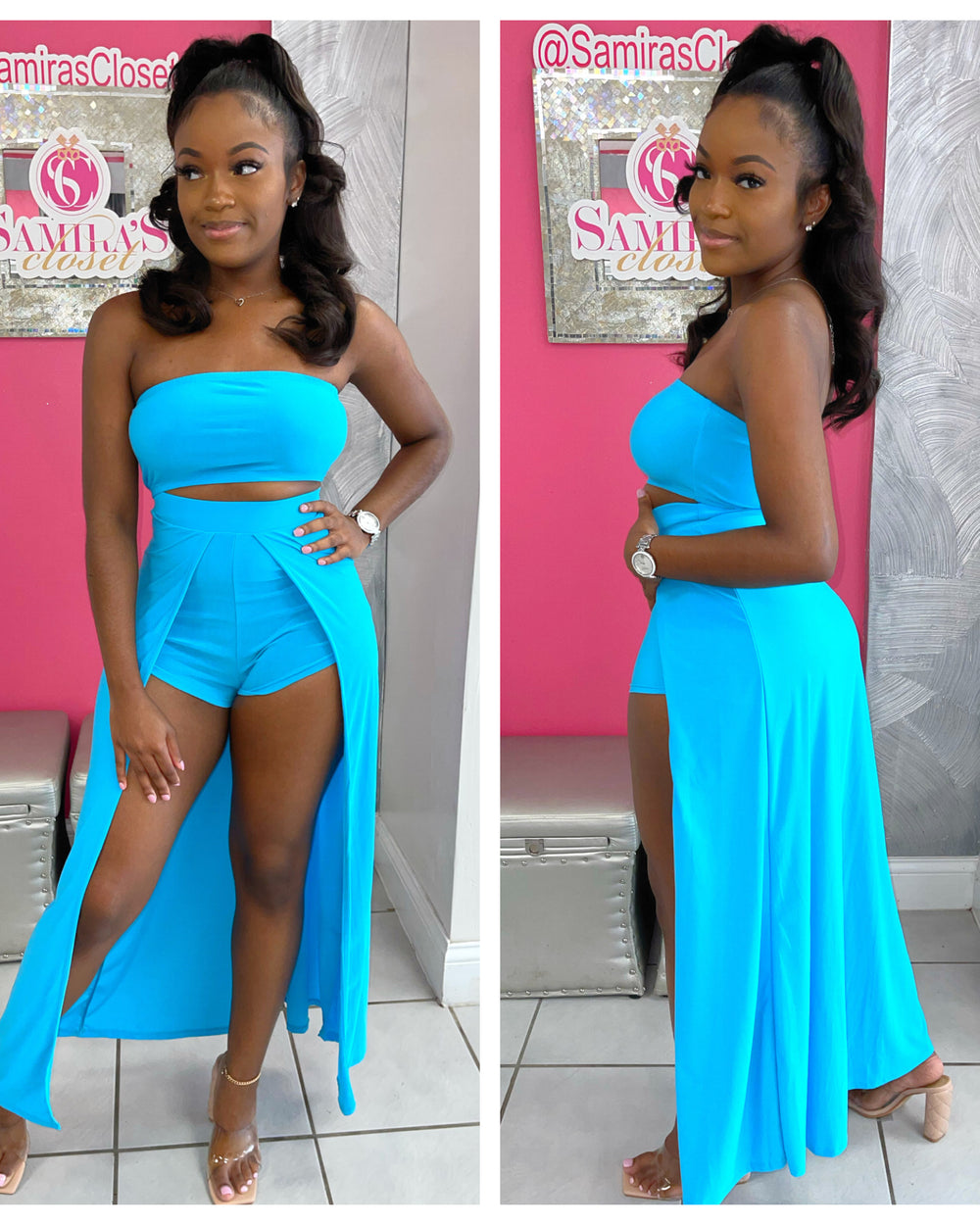 Tube Top Skort Maxi Set-Turquoise