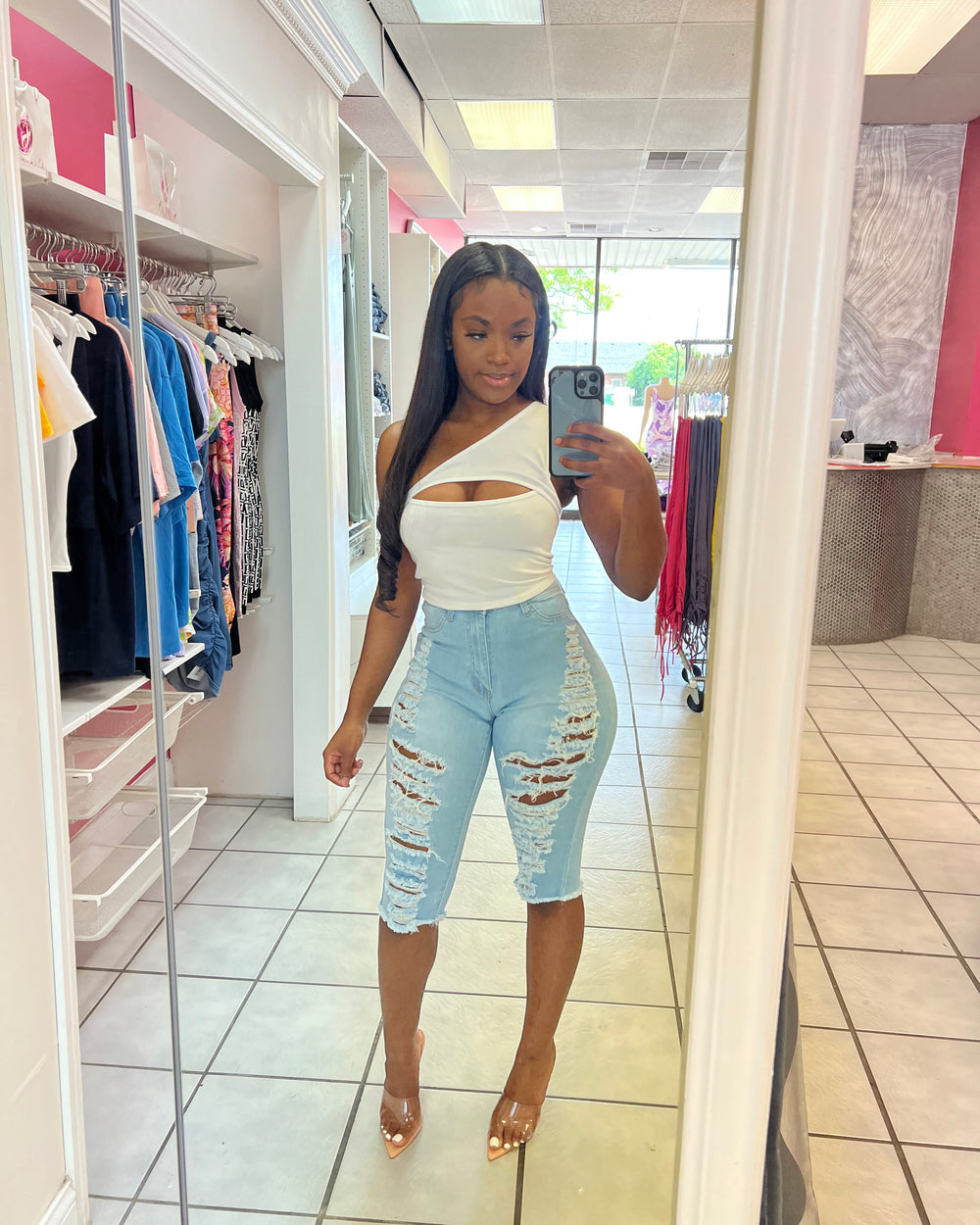 Extra Stretch Denim Bermuda Shorts-Light Denim