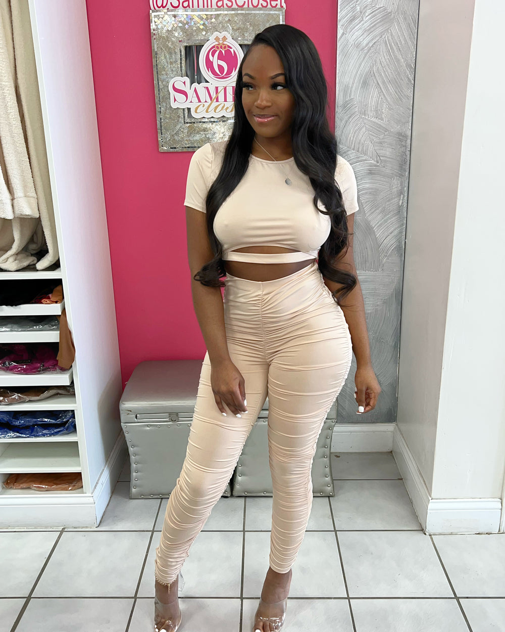 Cut Out Ruched Legging Set-Nude