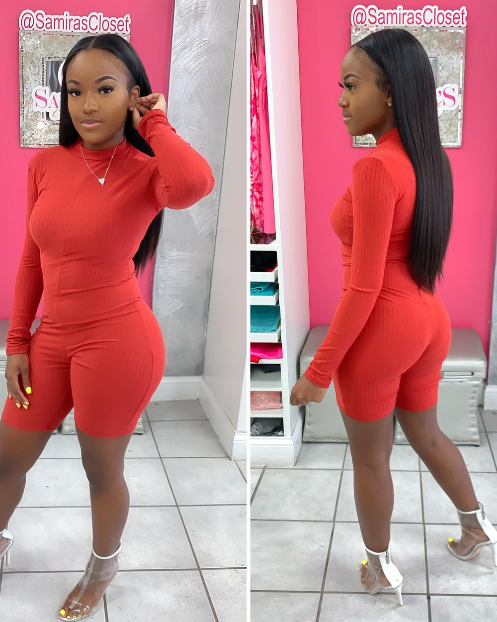 Ribbed Long Sleeve Romper-Rust