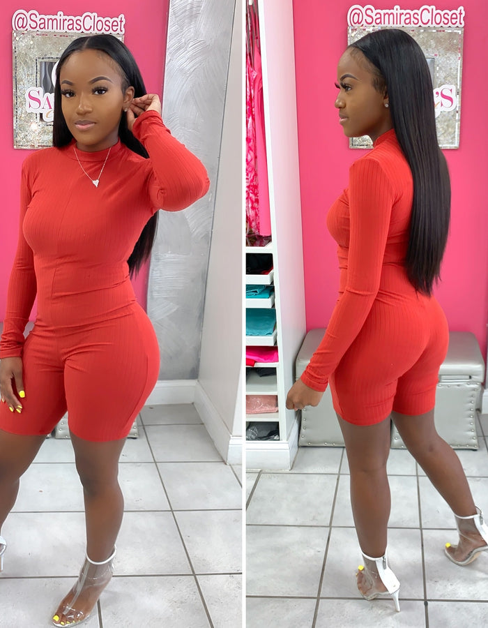 Ribbed Long Sleeve Romper-Rust