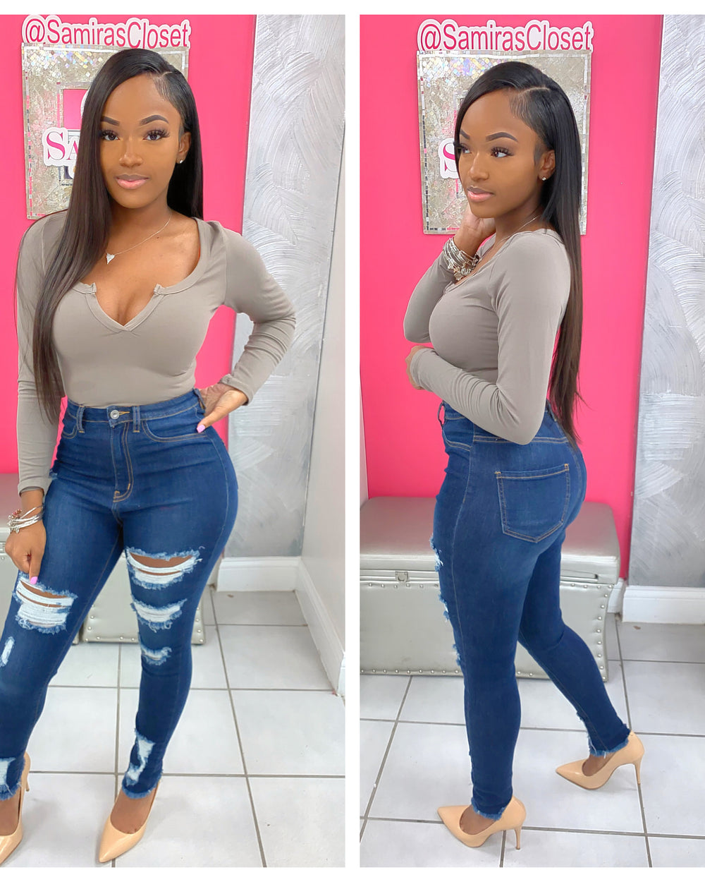 Split Neck Bodysuit-Taupe