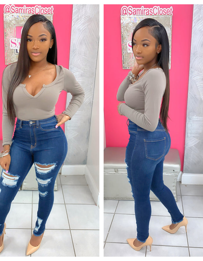 Split Neck Bodysuit-Taupe