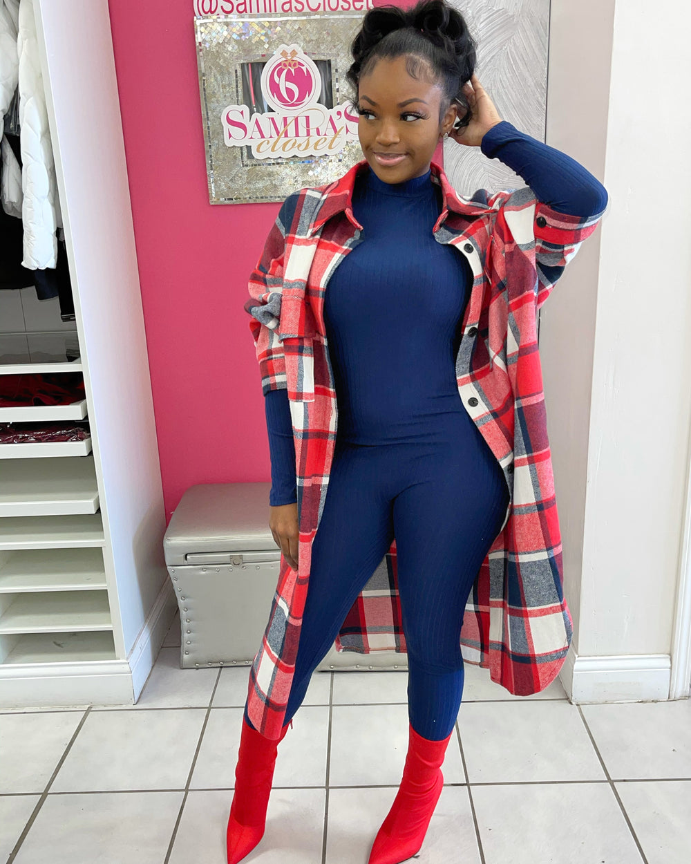Mock Neck Long Sleeve Jumpsuit-Navy