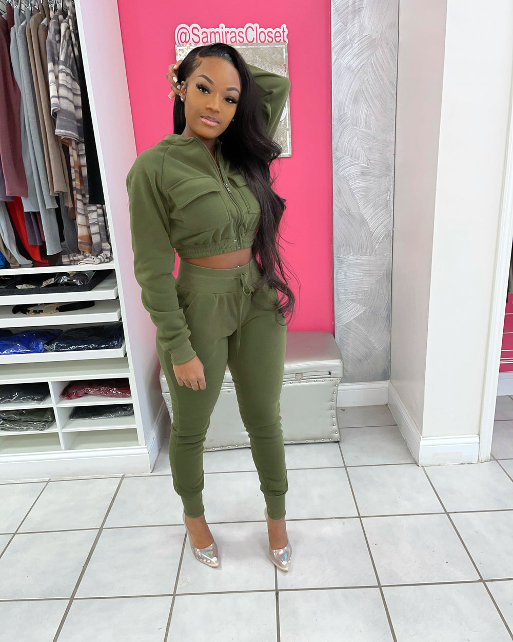 Cargo Styled Crop Jogger Set- Olive
