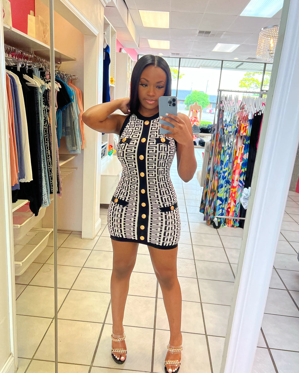 Classy Print Dress-Black/White