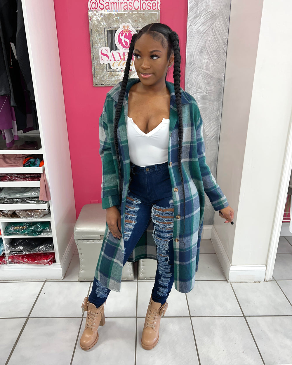 Plaid Button Down Jacket-Green