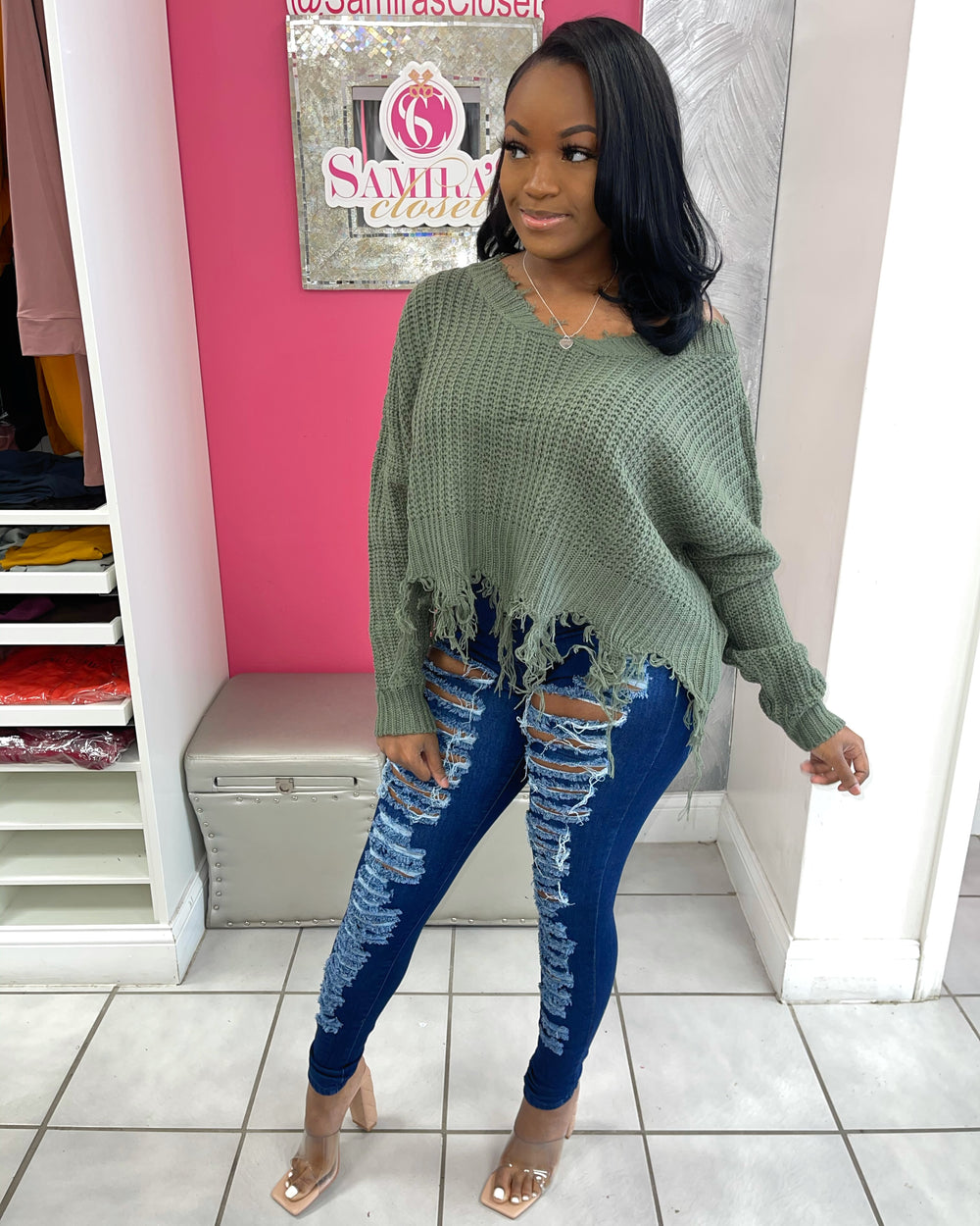 Slouchy Distressed Sweater-Olive