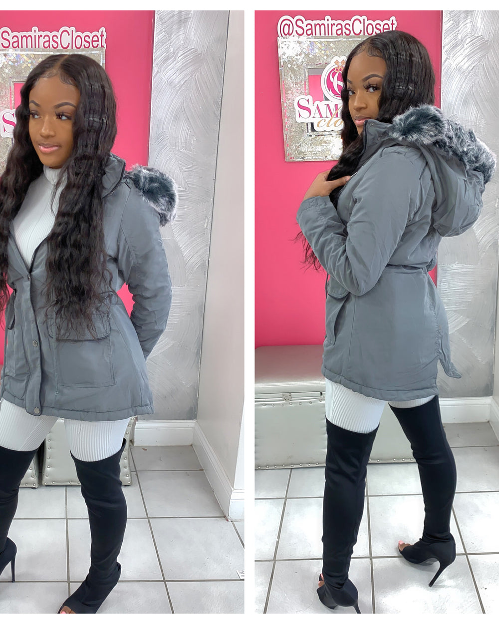 Fleece Lined Fur Hood Jacket-Charcoal