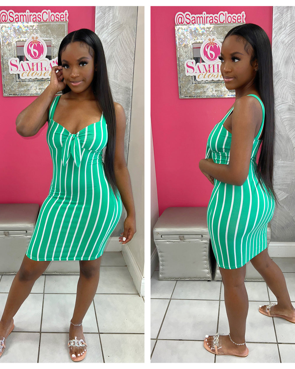 Striped Front tie  Dress-Kelly Green