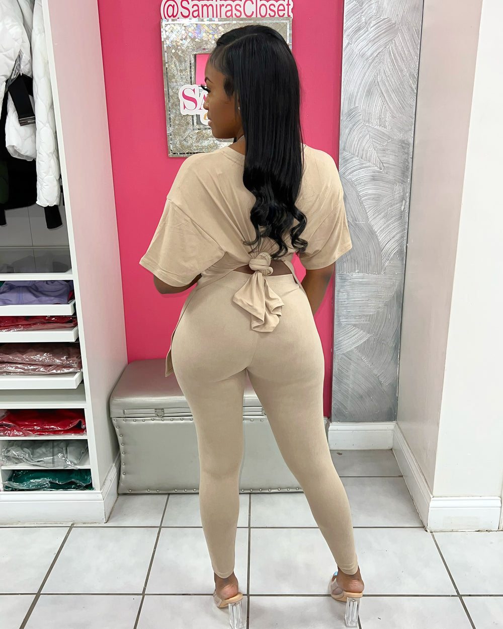 V Neck Legging Set-Nude