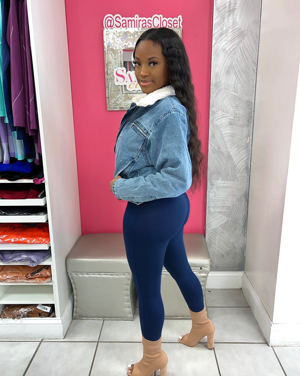 Faux Fur Denim Cropped Jacket