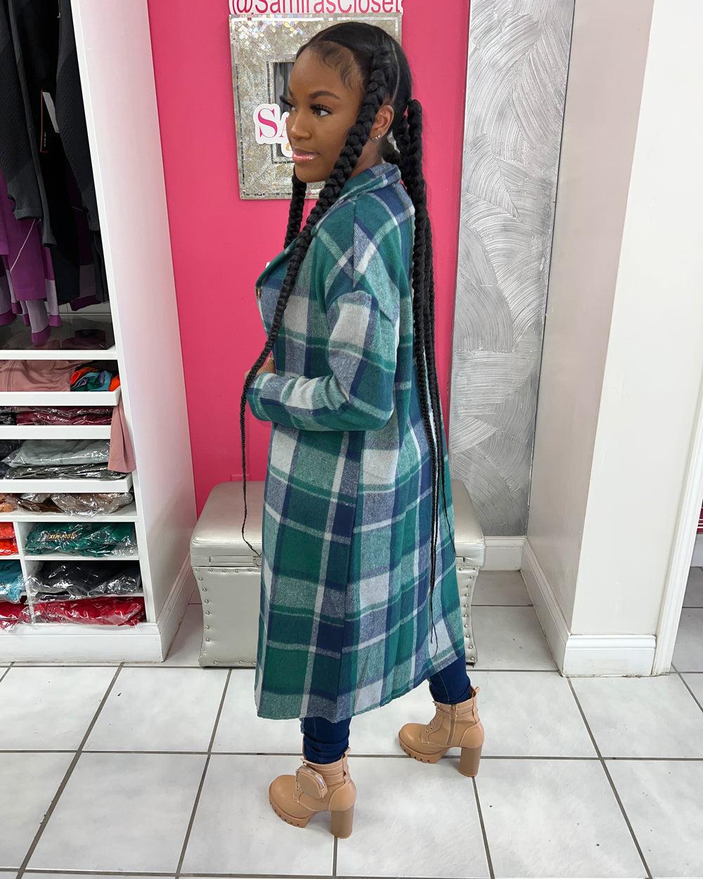 Plaid Button Down Jacket-Green