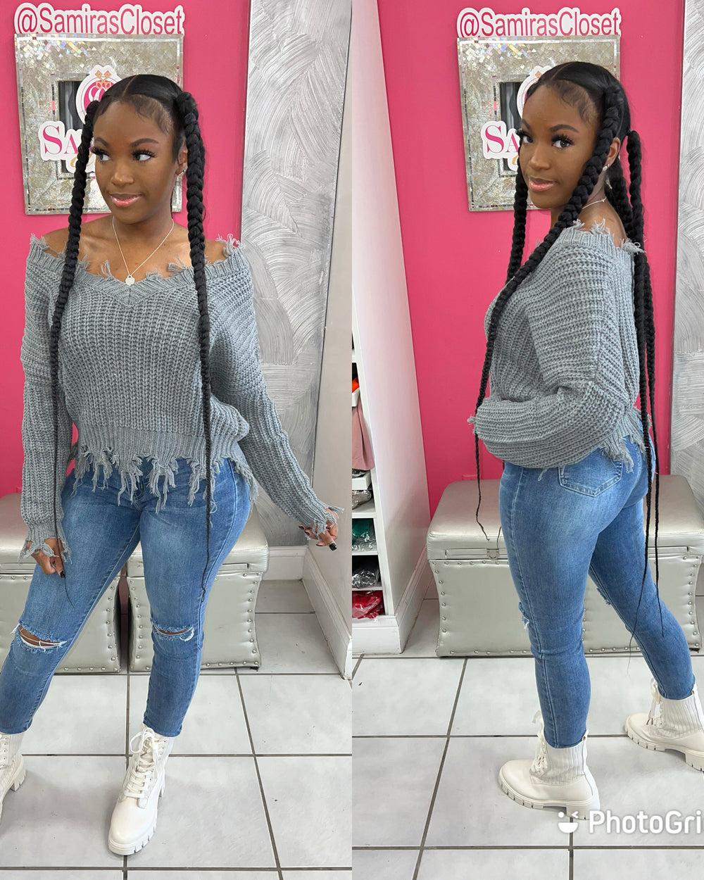 Slouchy Distressed Sweater-Gray