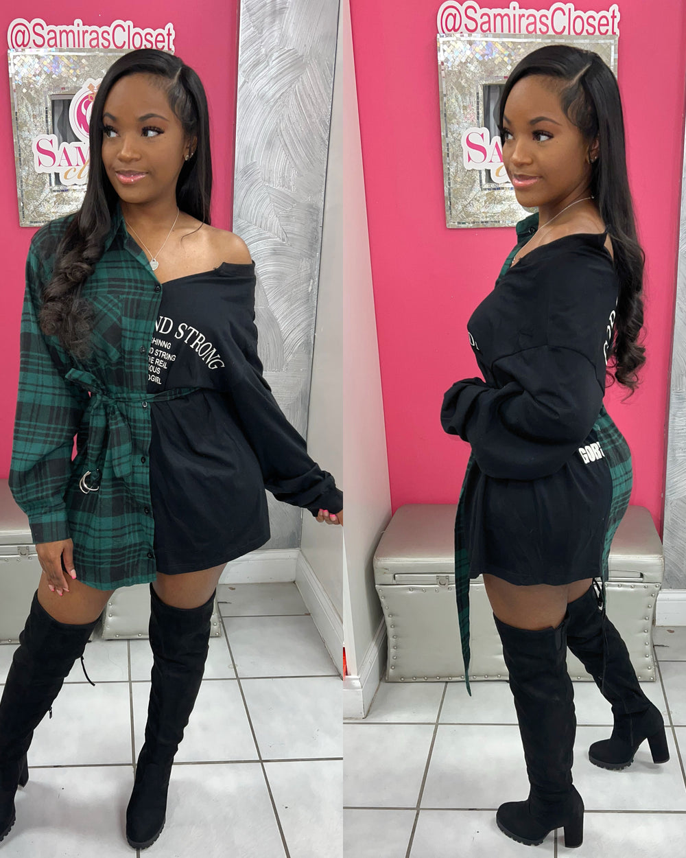 Plaid Top with belt-Green and black