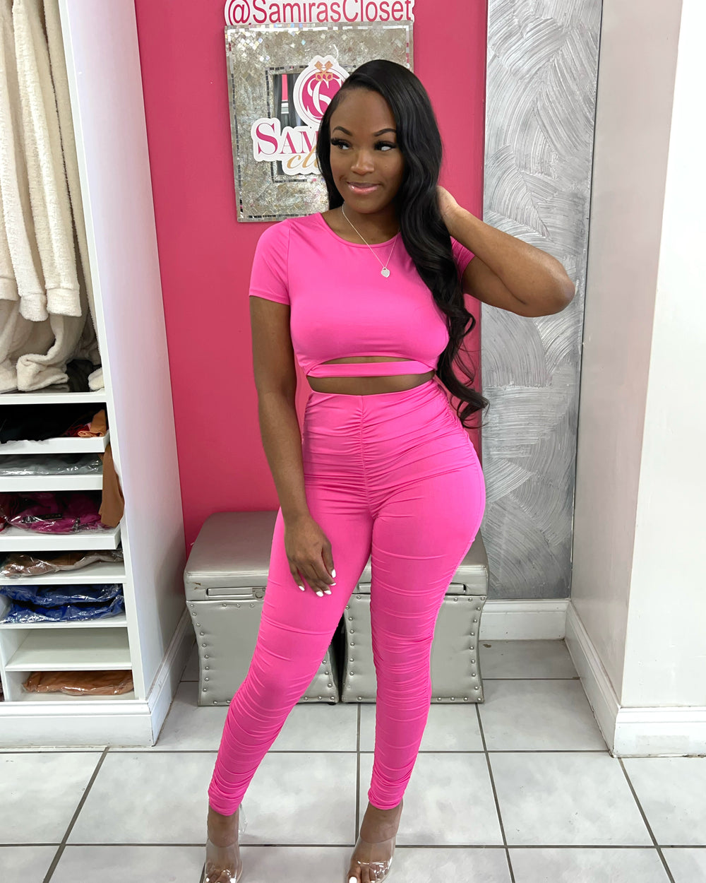 Cut Out Ruched Legging Set-Fuchsia