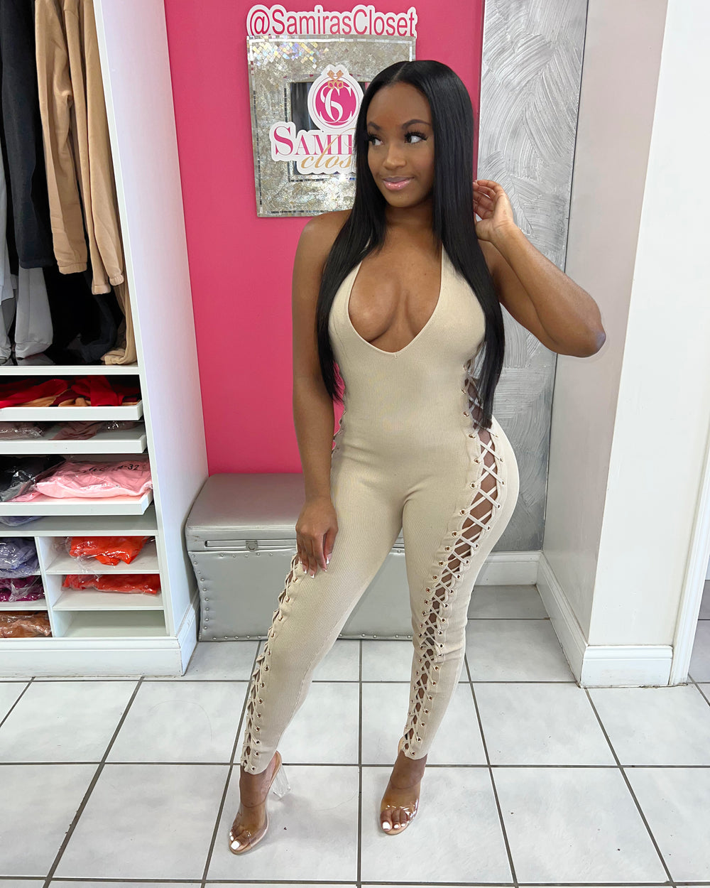 Stepping out Laceup Jumpsuit-Nude