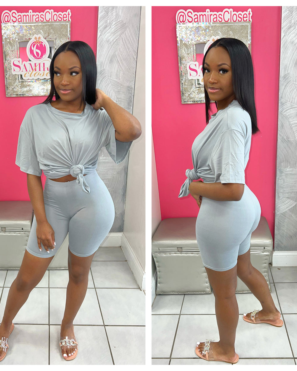Crew Neck Biker Short Set-Gray