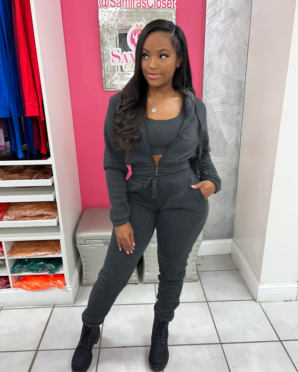 Set The Mood 3pc Jogger Set-Charcoal