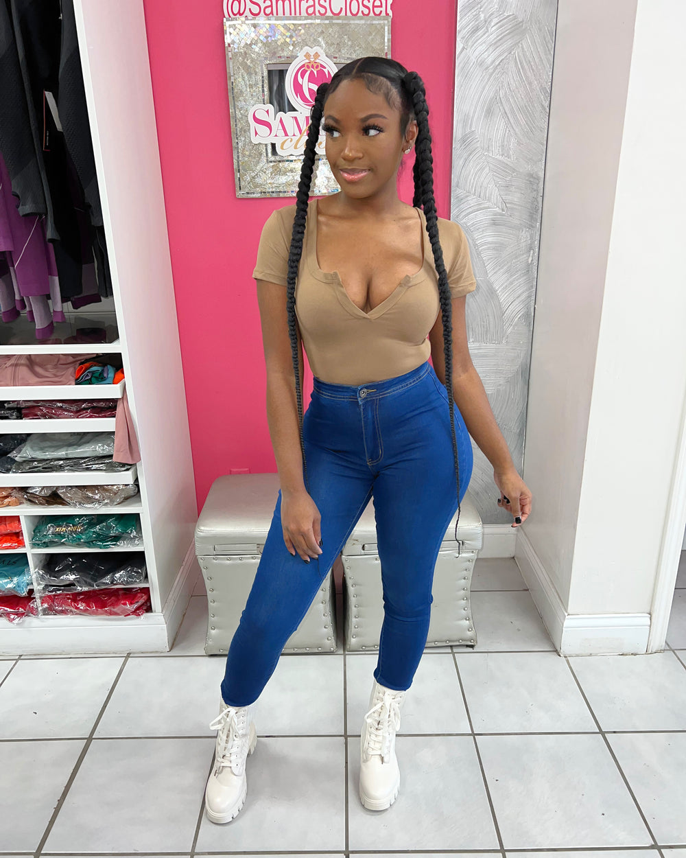 Short Sleeve V Cut Bodysuit-Mocha