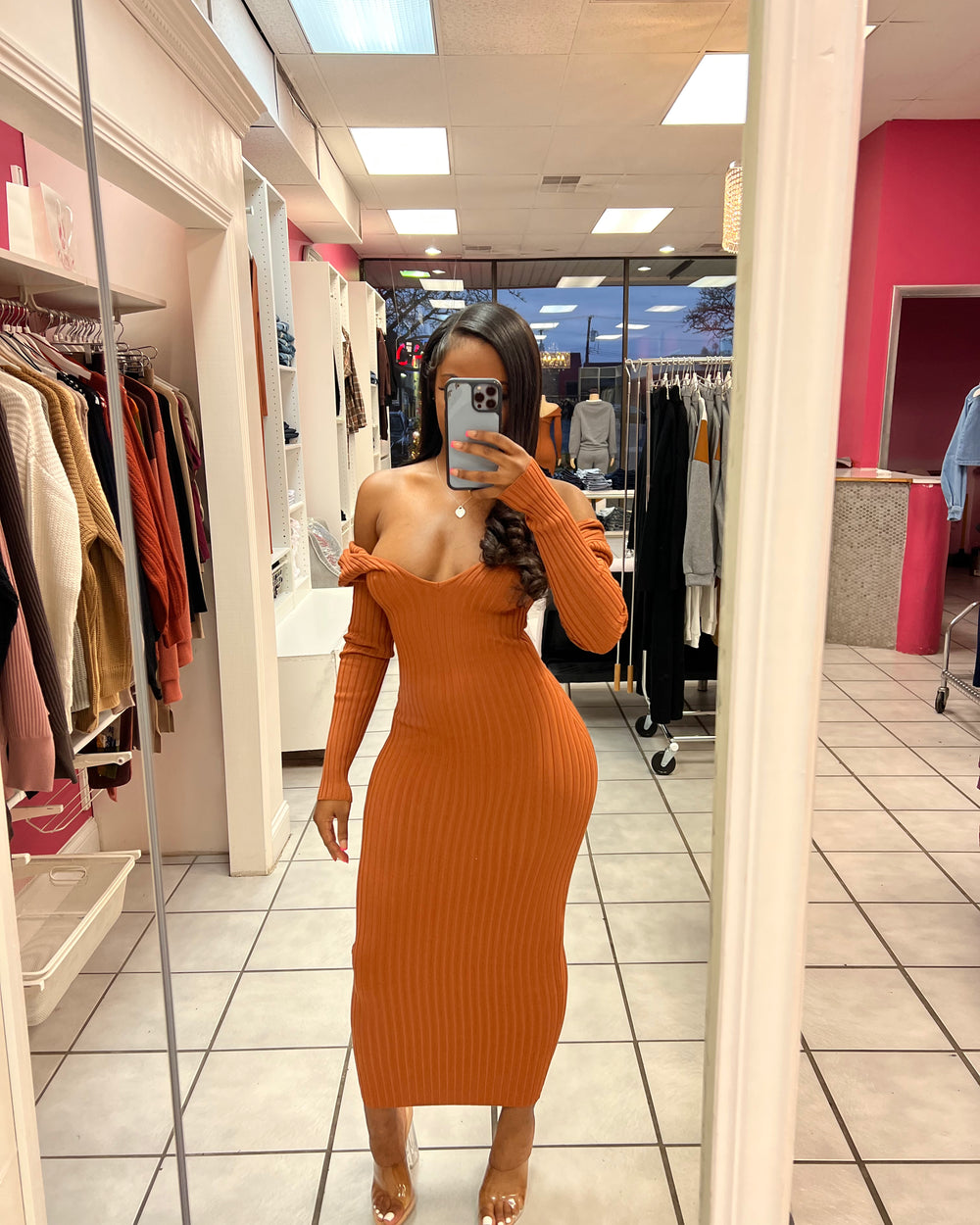 Body Sculpting Sweater Dress-Rust