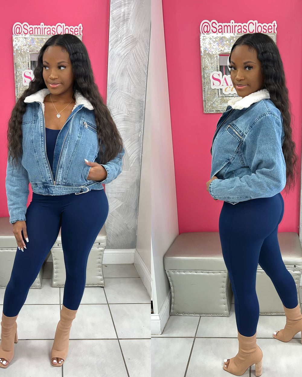 Faux Fur Denim Cropped Jacket