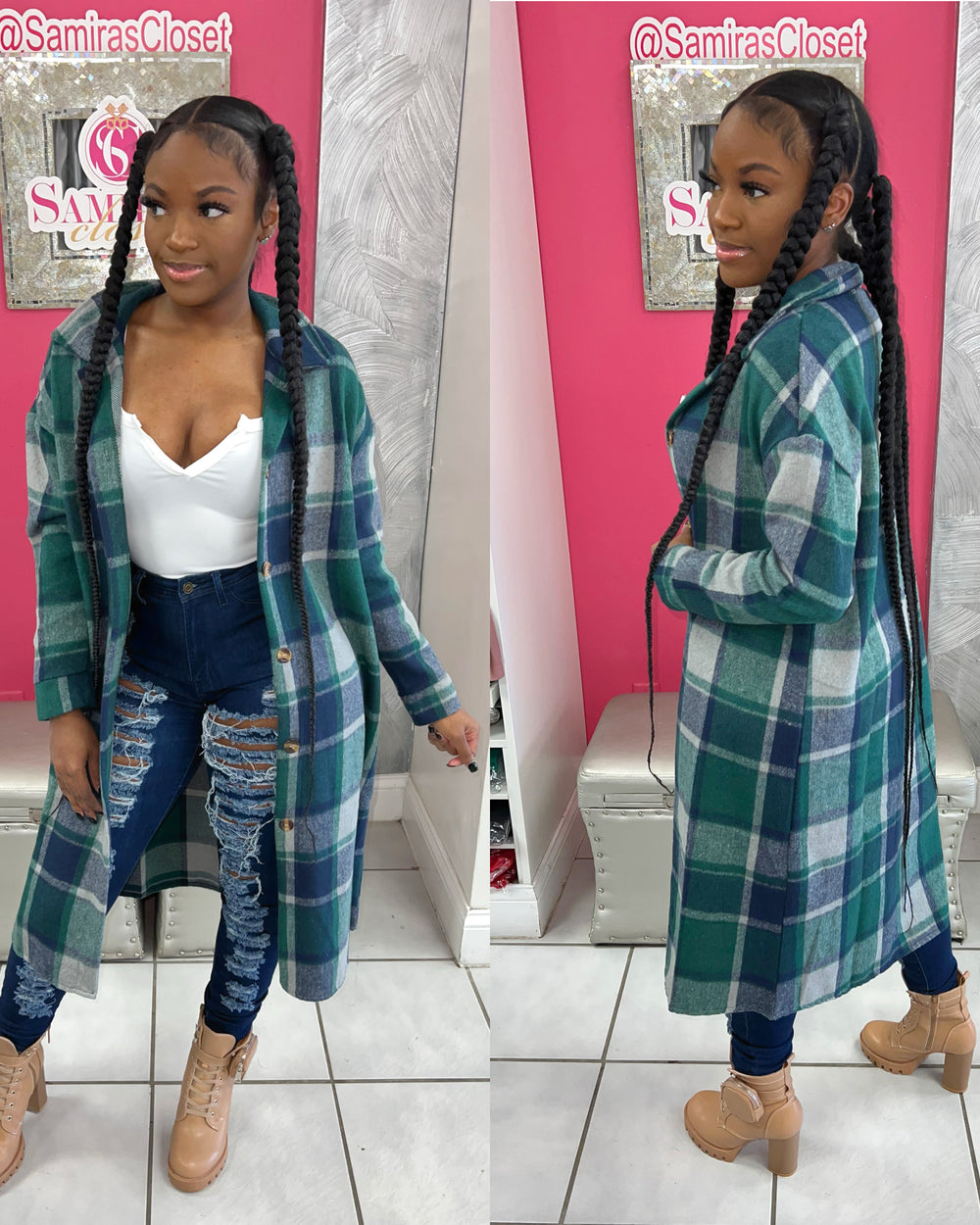 Plaid Button Down Jacket-Green