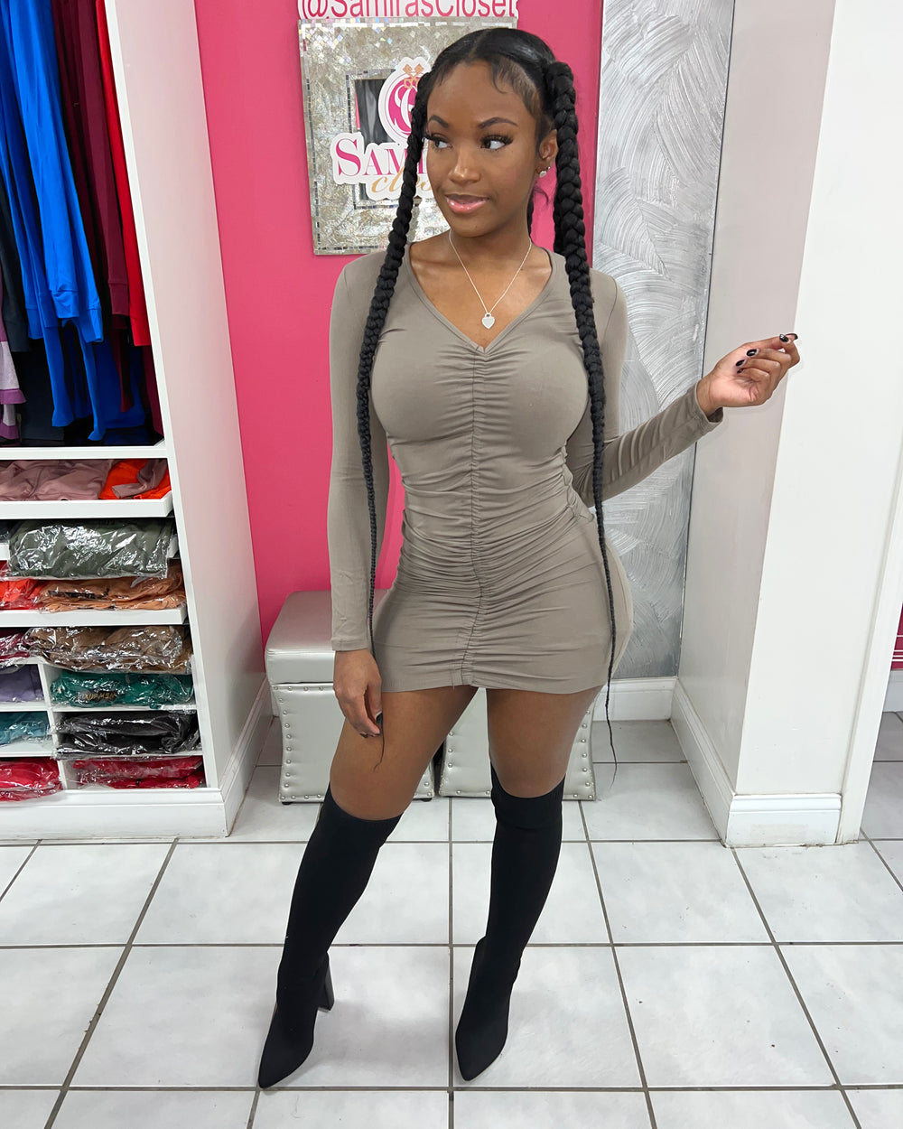 Date Night Fitted Mini Dress-Taupe