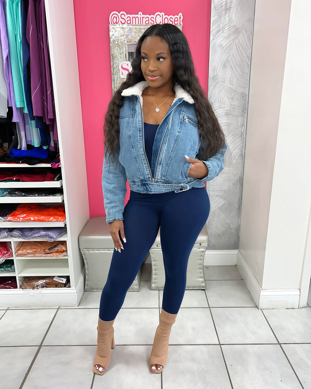 Faux Fur Denim Cropped Jacket
