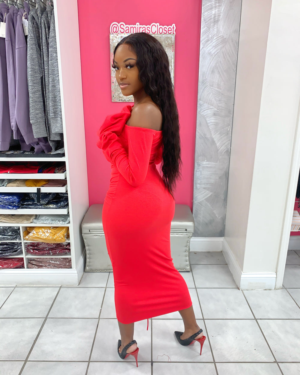 Stacked Sleeve Ruched Midi Dress- Red