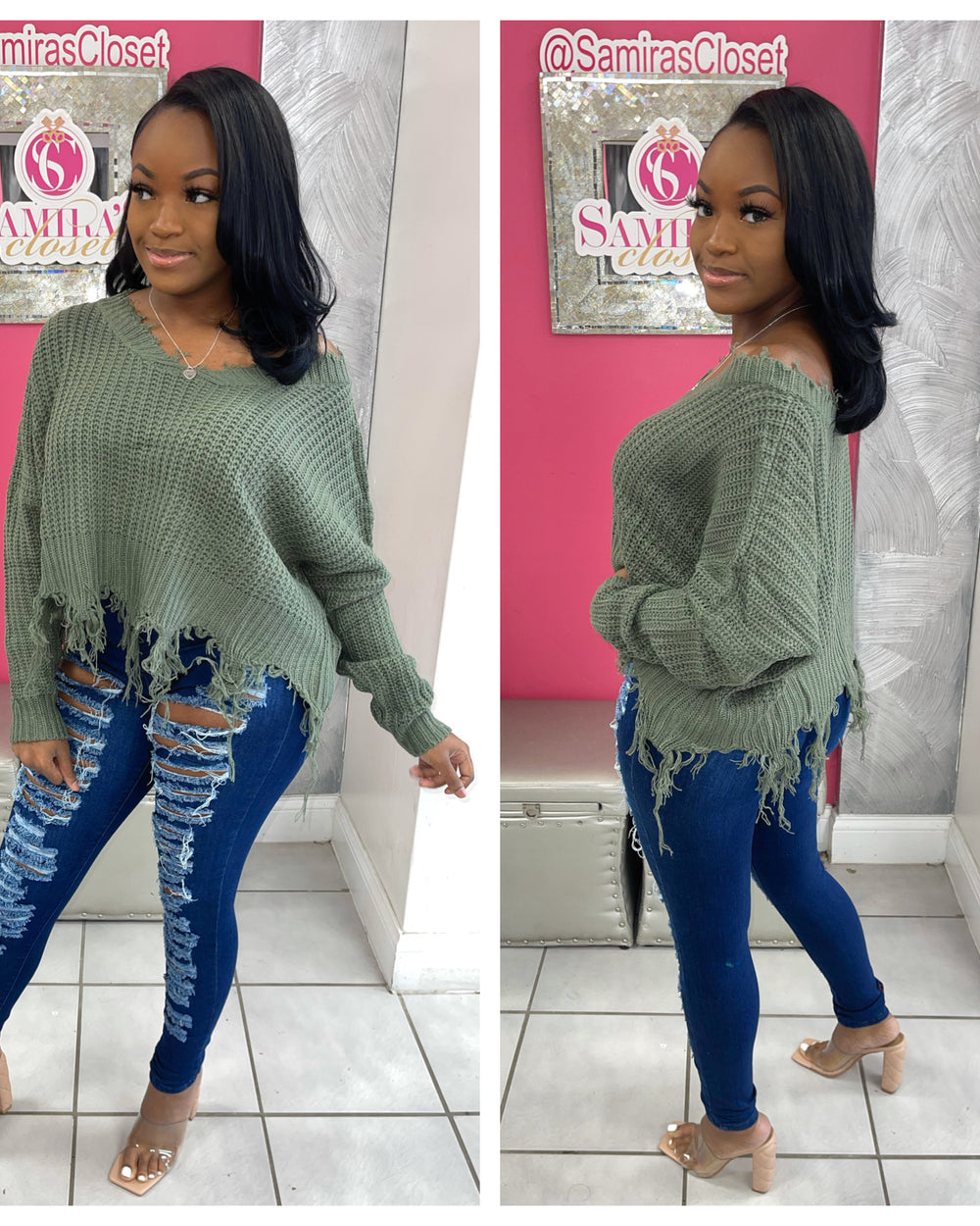 Slouchy Distressed Sweater-Olive