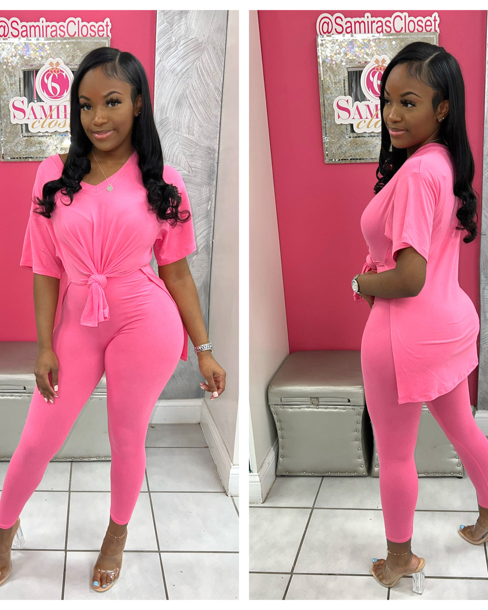 V Neck Legging Set-Fuchsia