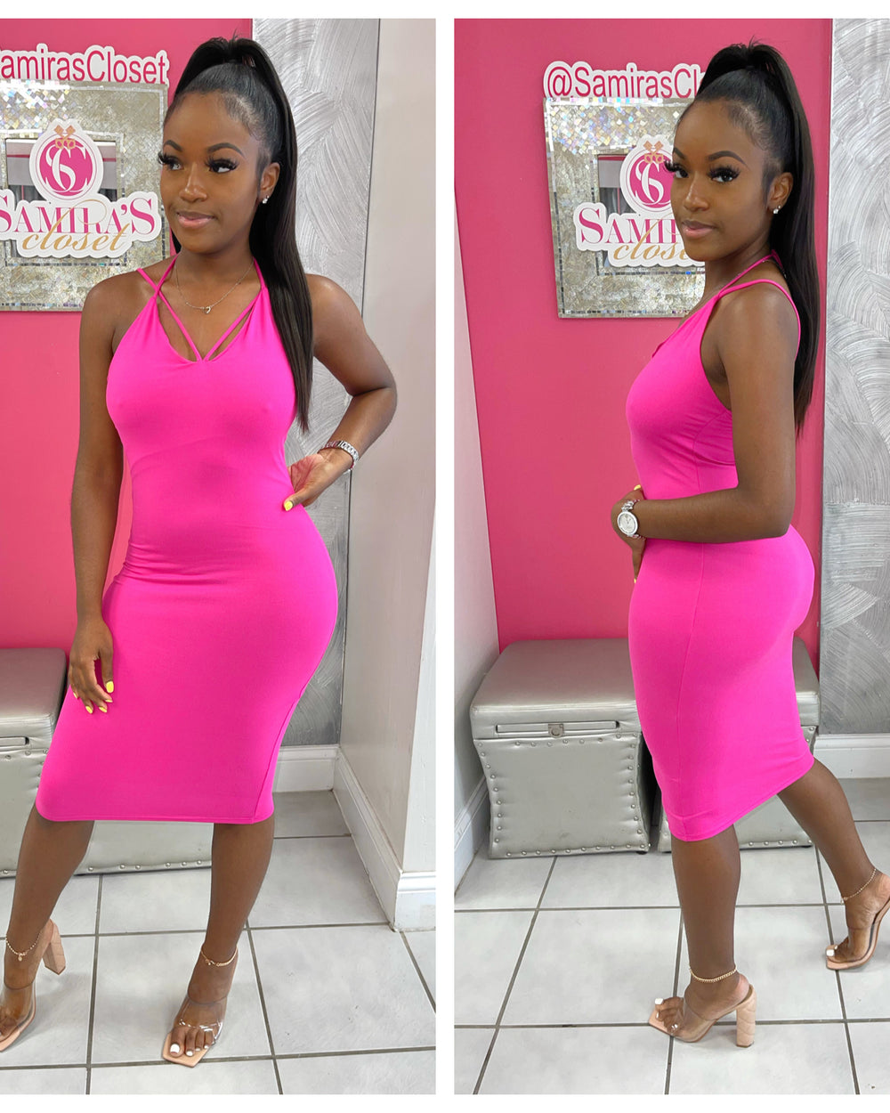 Strappy V Neck Midi Dress-Fuschia