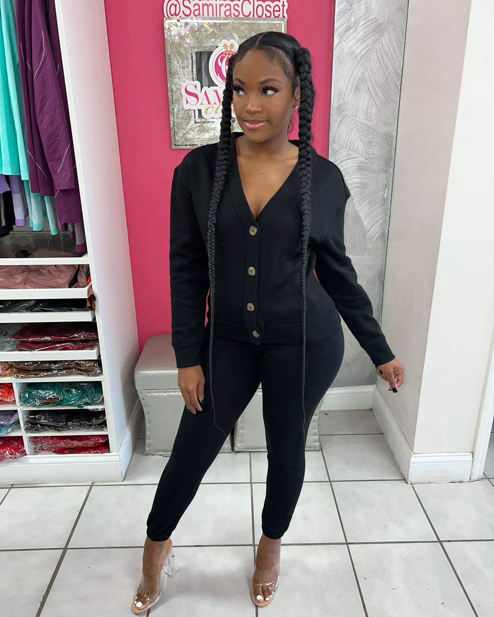 Cassie Button Jogger-Black