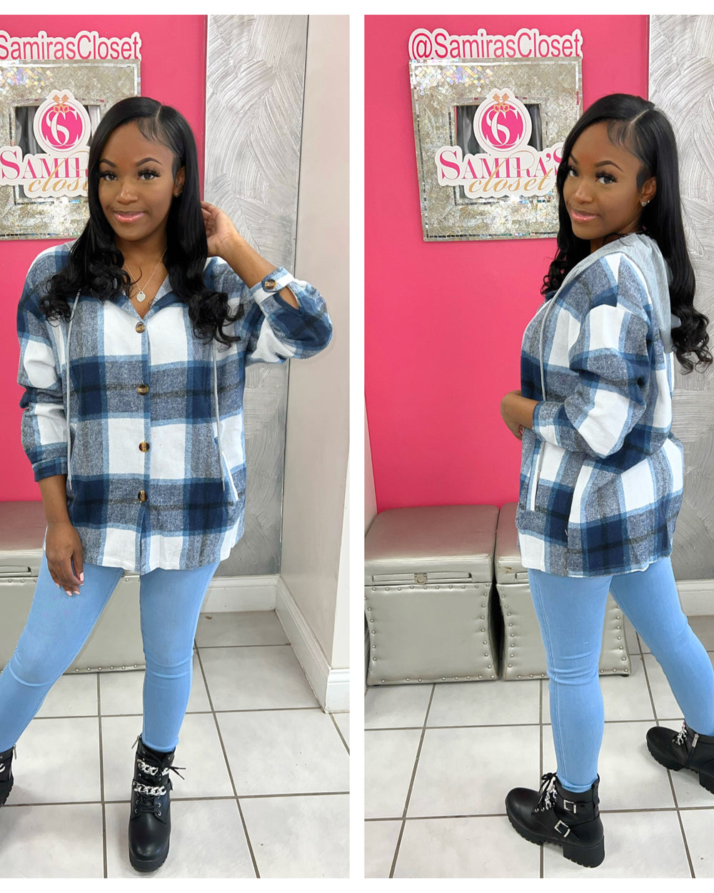 Hooded Plaid Jacket-Black/Blue