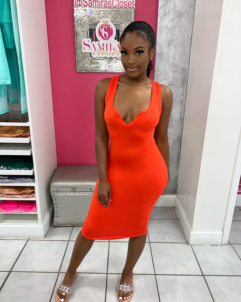 V-Cut BodyCon Dress-Red