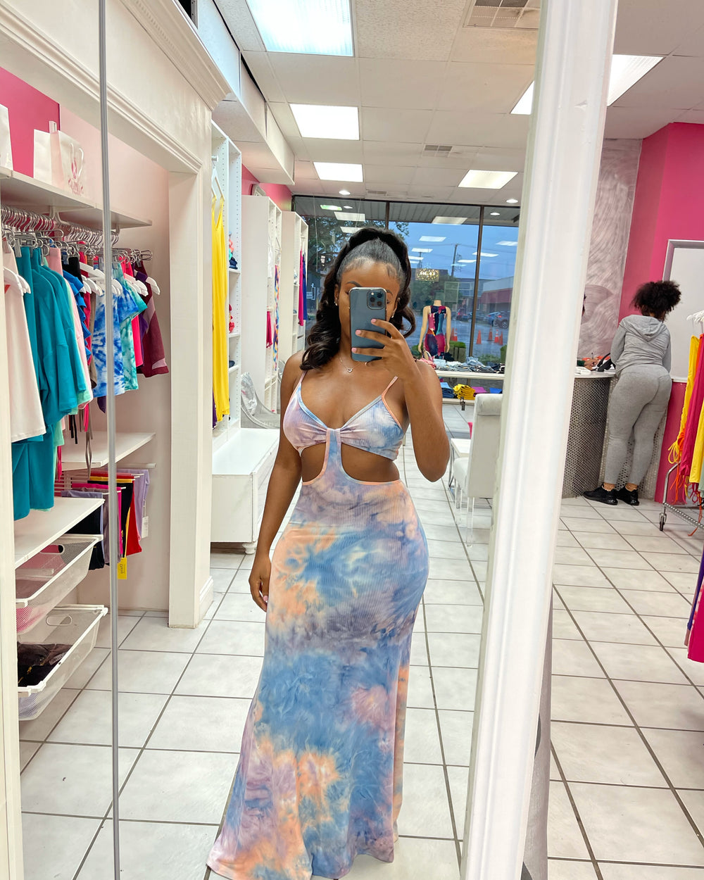 Double Side Peek Maxi Dress-Blue/lavender Mix