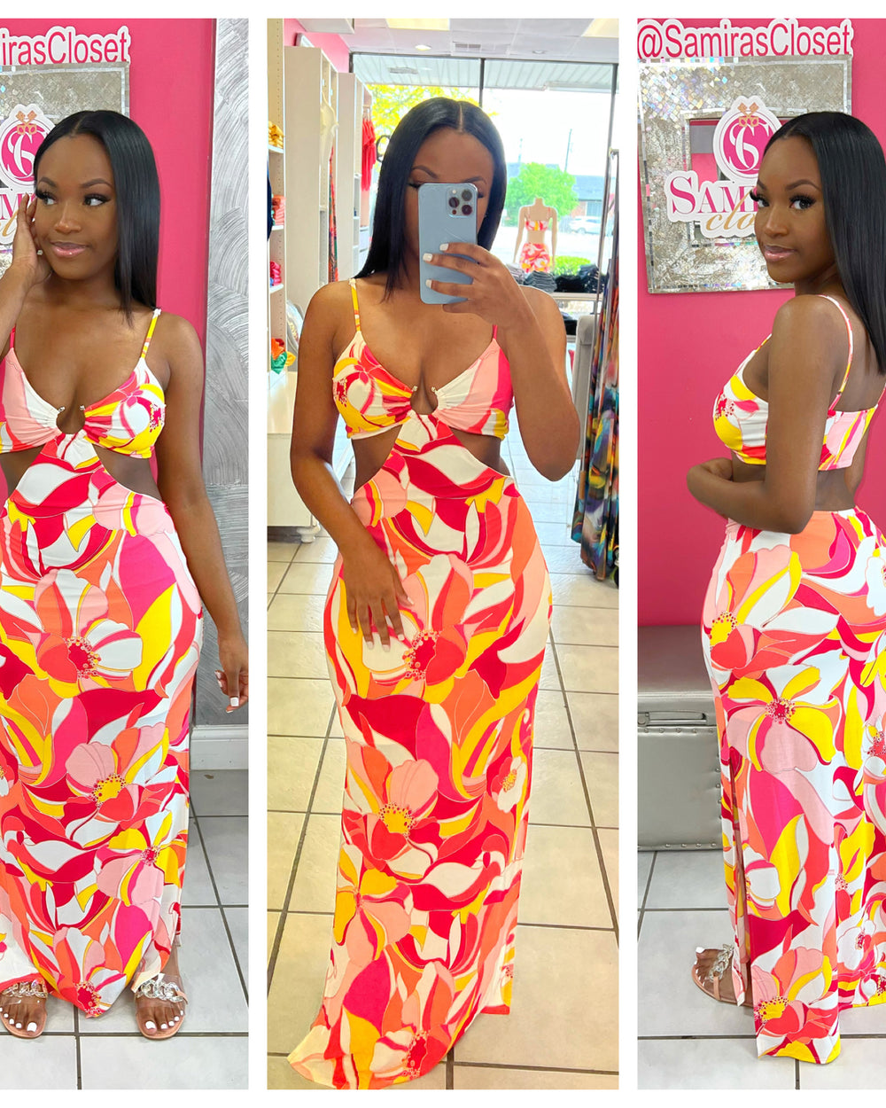 Cutout waist floral maxi-Pink