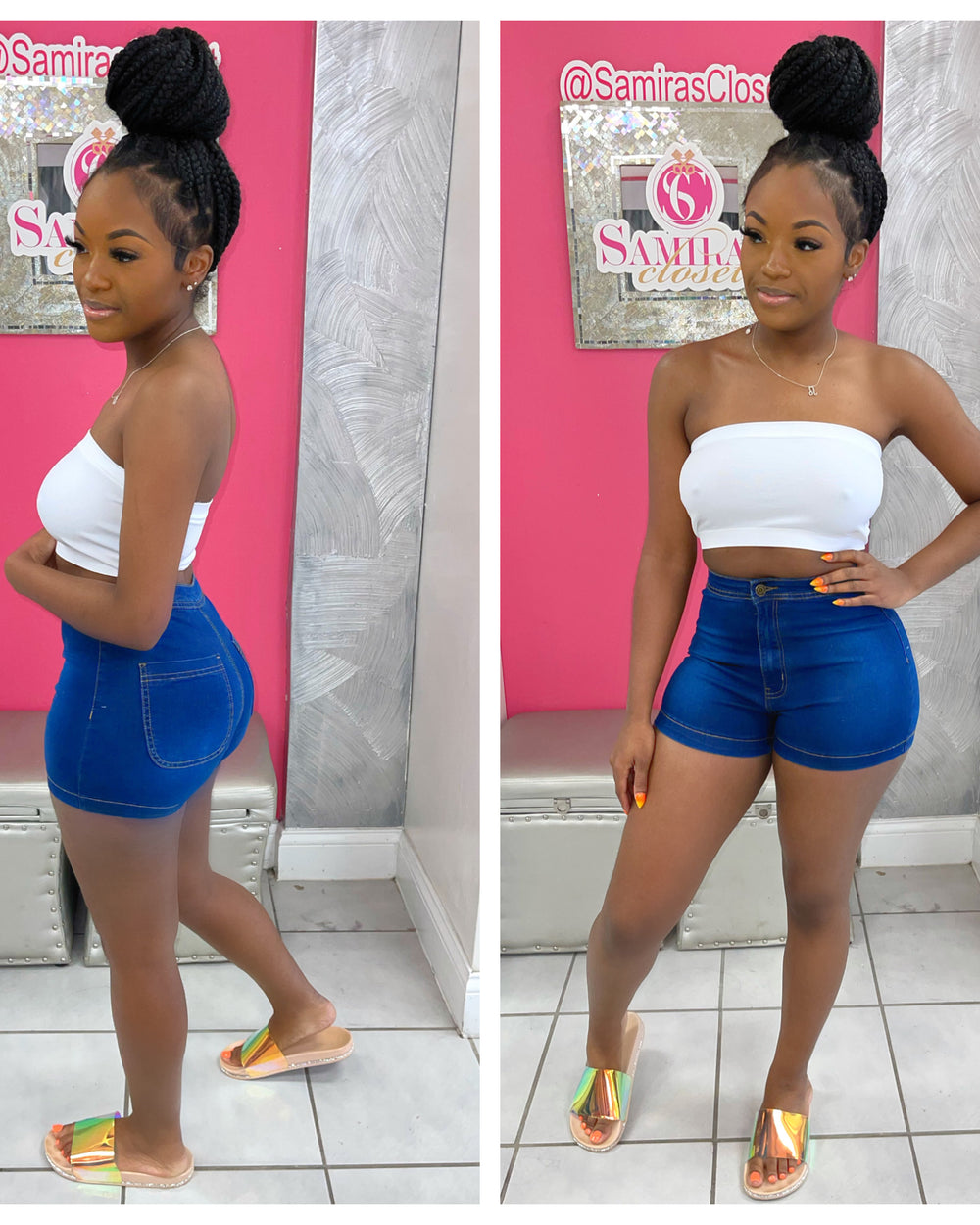 Extra Stretch Highwaisted Shorts-Med. Dark denim