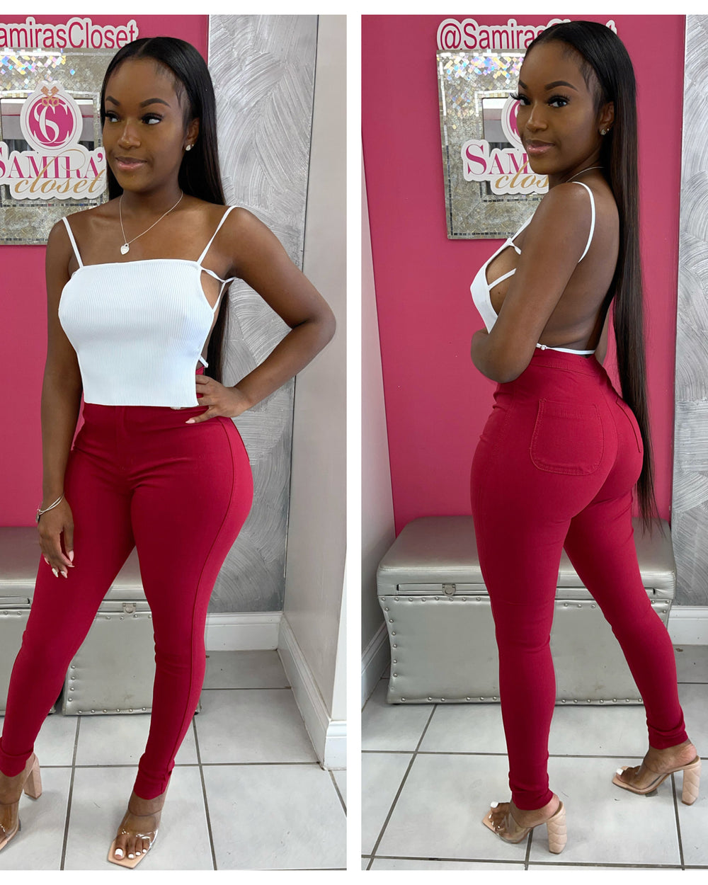Extra Stretch Highwaisted Denim-Burgundy