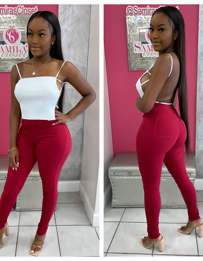 Extra Stretch Highwaisted Denim-Burgundy