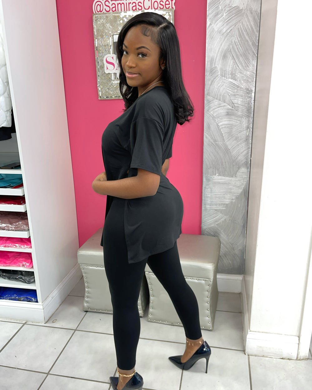 V Neck Legging Set-Black